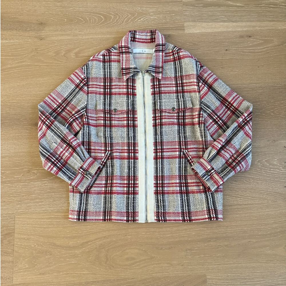 IRO Paris Plaid Jacket Zip Up Singala Size M Gray Red Black